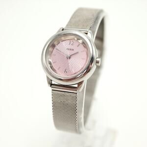 Guess Silver Tone Pink 25mm Round Womens Watch Steel Mesh Strap w New Battery